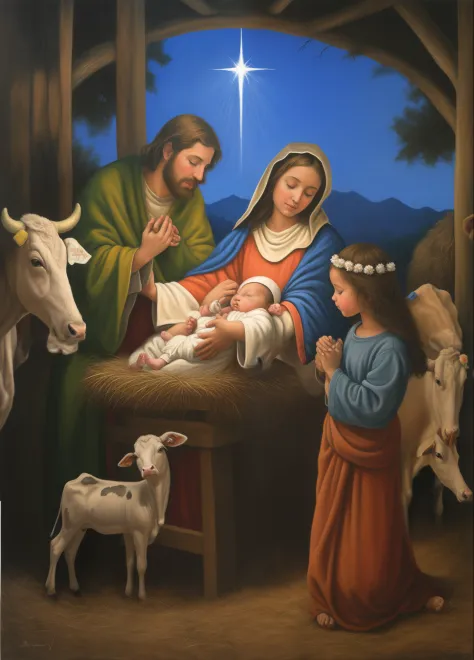 painting of a nativity scene with a baby jesus and a cow, with infant jesus, beautiful depiction, ( art fitzpatrick ), the birth, immaculately detailed, stock art, holy, three quarter view, artist unknown, by Robert Childress, catholic religious art, by ma...