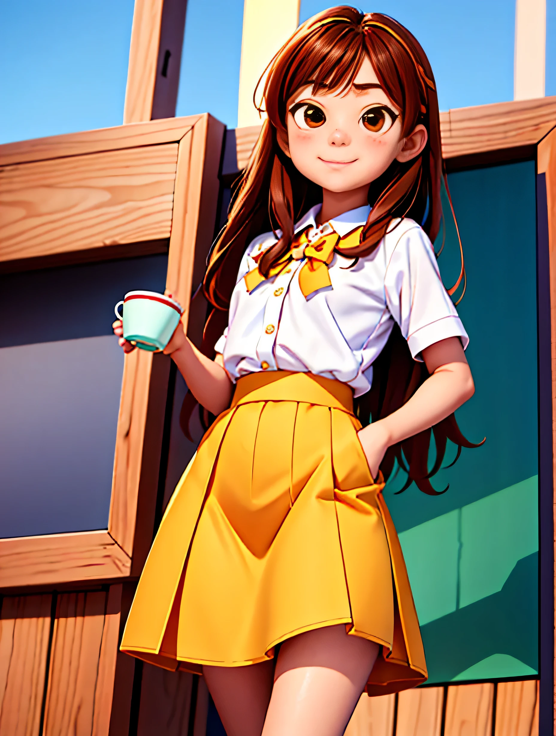 there is a young girl holding a cup of coffee in her hand, girl cute-fine-face, cute natural anime face, with cute - fine - face, sakimi chan, Chiho, Yoshitomo Nara, young cute face, beautiful japanese girls face, brown hair and large eyes, cute kawaii girl, beautiful light big eyes