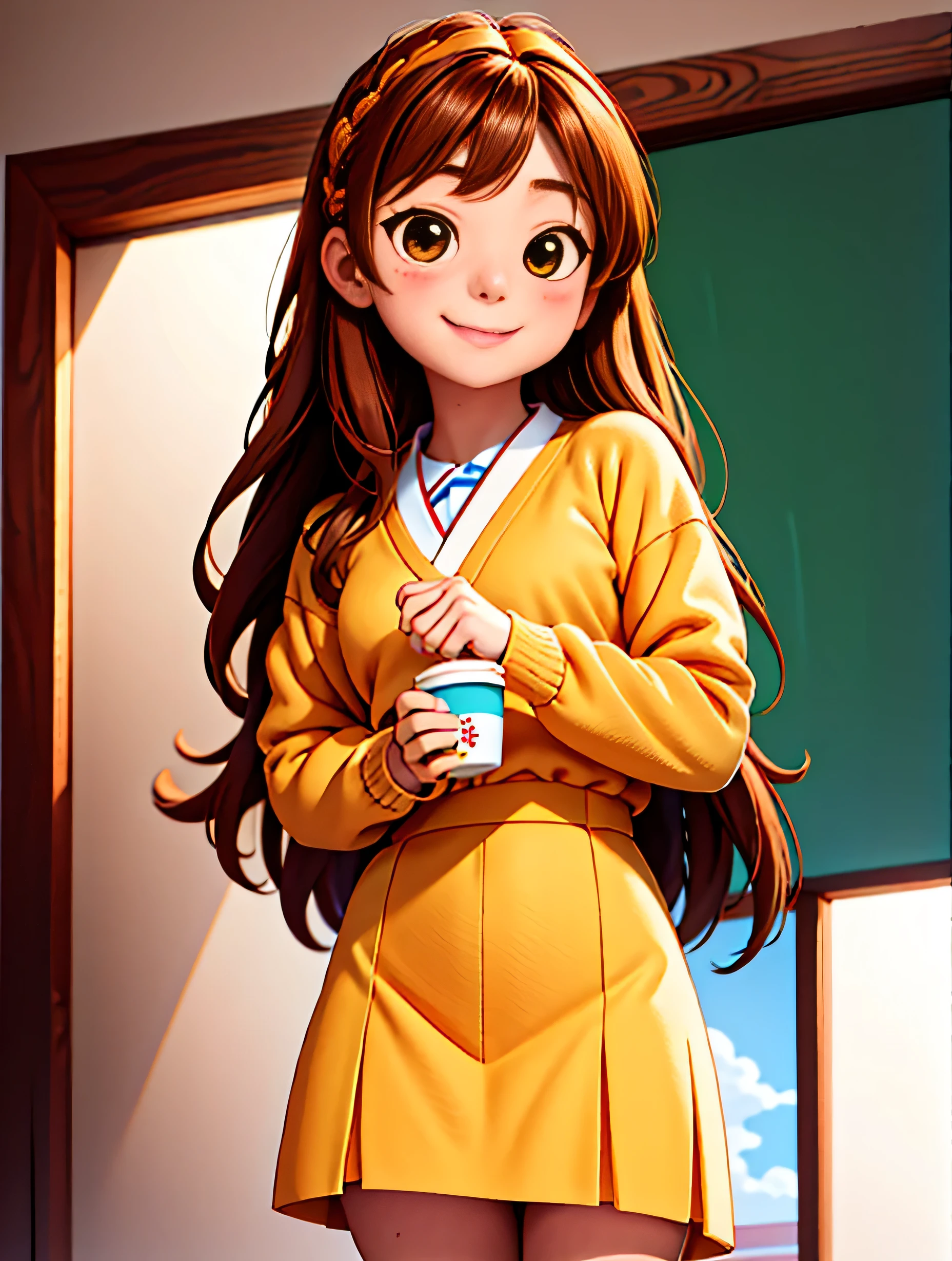 there is a young girl holding a cup of coffee in her hand, girl cute-fine-face, cute natural anime face, with cute - fine - face, sakimi chan, chiho, 奈良美智, young cute face, beautiful japanese girls face, brown hair and large eyes, cute kawaii girl, beautiful light big eyes