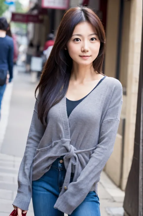 (High reality photograph, high resolusion, detailed face, detailed eyes) Skinny Japanese lady, 40 years old, 1 girl, cute face, various hair style, skinny figure, very small breasts, very thin waist, casual clothes, on a street, full-body photo