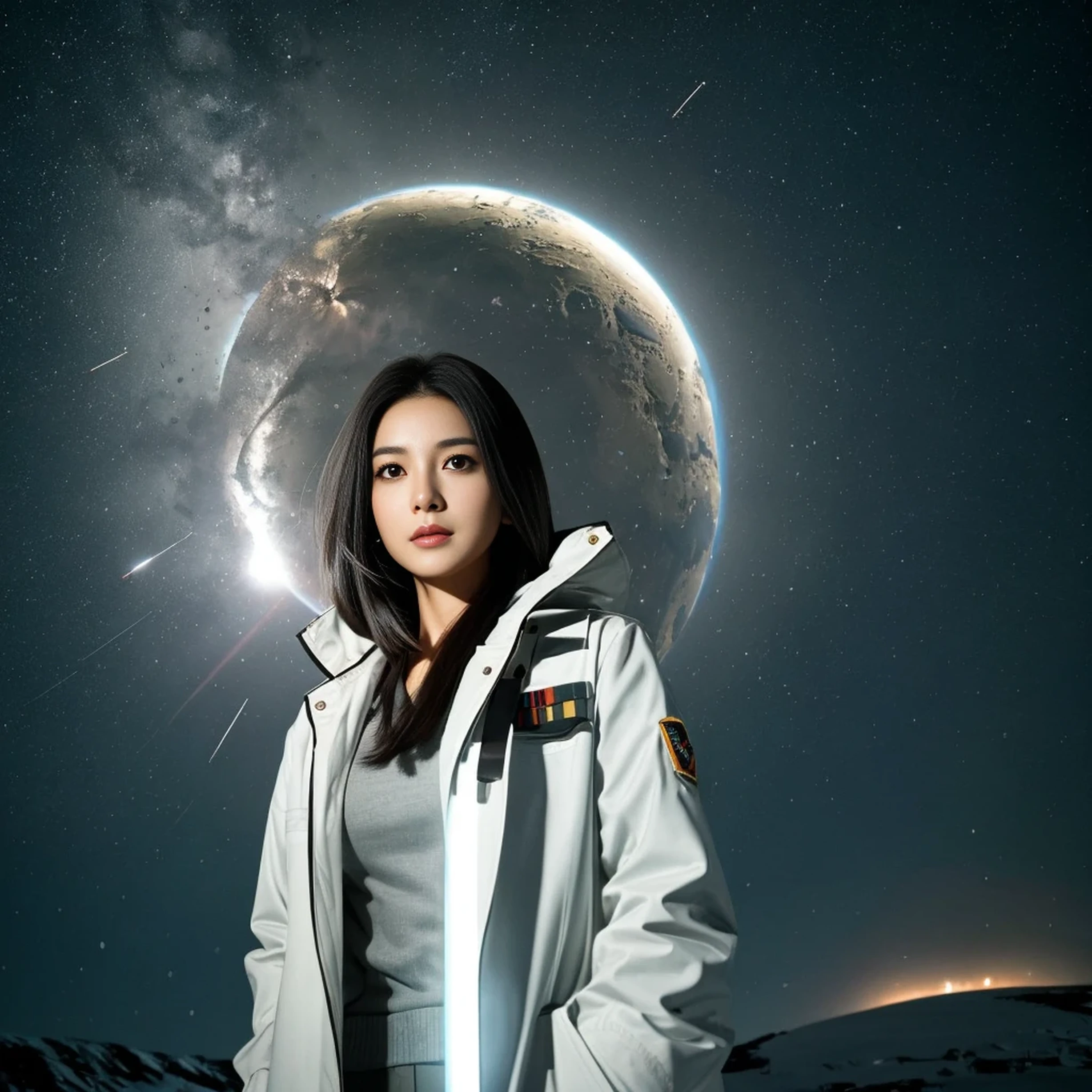 Science Fiction,Sci-Fi Movies,Artillery,Long-Range Missiles,Based on the Movie Foundation ,Woman,Adult,Protagonist,28 years old,hopeful face,brown eyes,short hairstyle,black hair with white gray,scientist uniform,white researcher coat,open meadow,rebel,chaotic,future world,world of socialism,snow,chaos