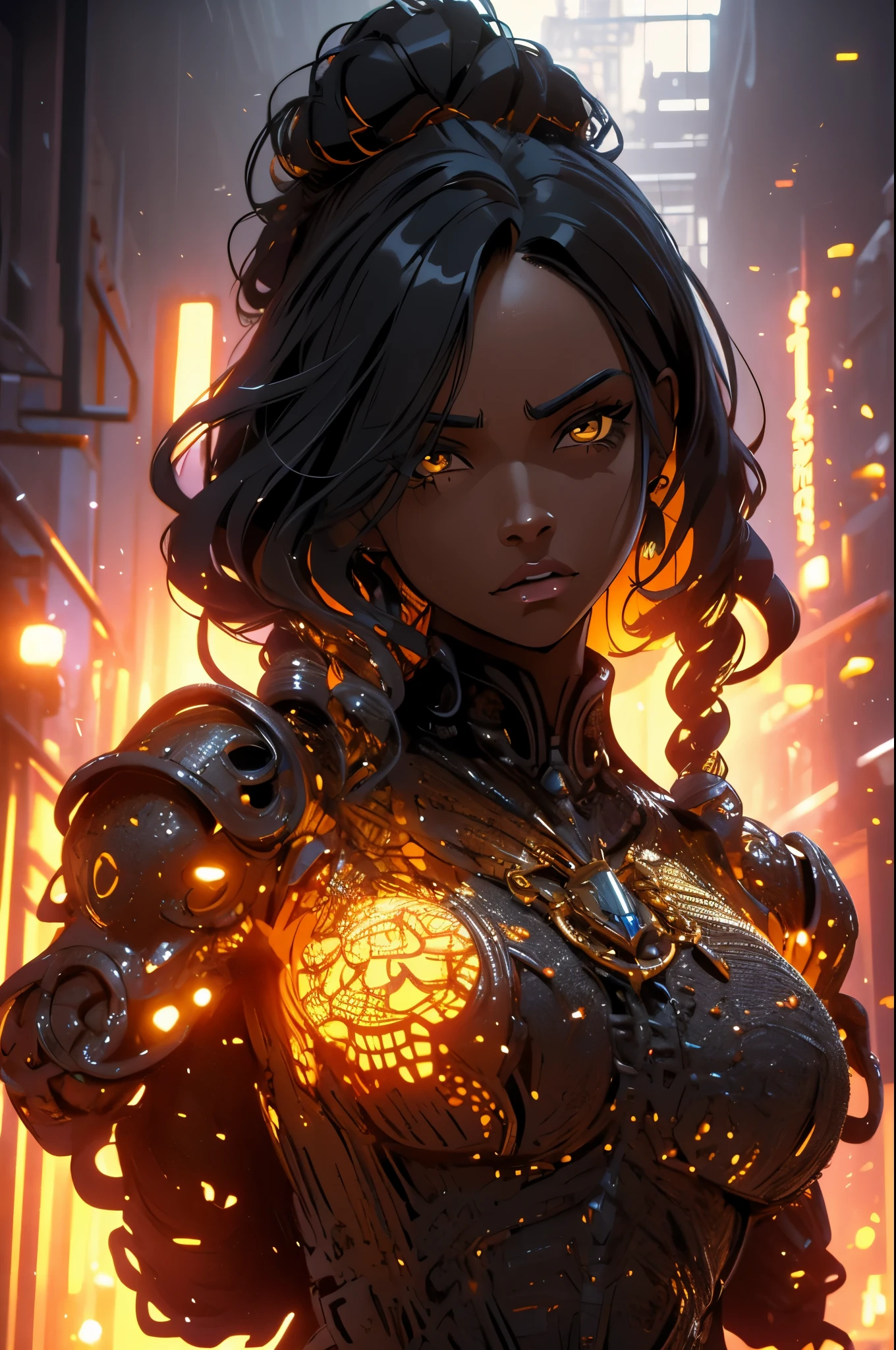 (super detail), high details, high quality, 8k, (masterpiece), best quality, dark skin, black woman, symmetrical, black hair, perfect face, intricate hair, side hair loop, black shirt, mommy dom, dominating figure, smug, intimidating, cold, great shading, mysterious figure, yellow sea beast armor, armor plating.