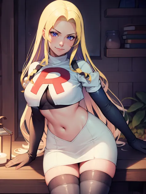 constance_timeskip, purple eyes glossy lips ,team rocket uniform, red letter R, white skirt,white crop top,black thigh-high boots, black elbow gloves, evil smile, looking at viewer, cowboy shot