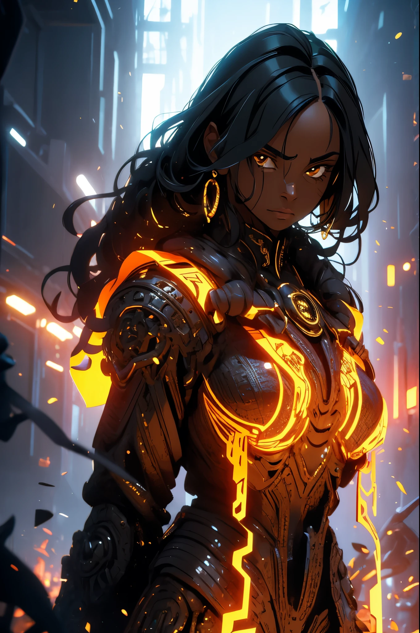 (super detail), high details, high quality, 8k, (masterpiece), best quality, dark skin, black woman, symmetrical, black hair, perfect face, intricate hair, side hair loop, black shirt, mommy dom, dominating figure, smug, intimidating, cold, great shading, mysterious figure, yellow sea beast armor, armor plating.