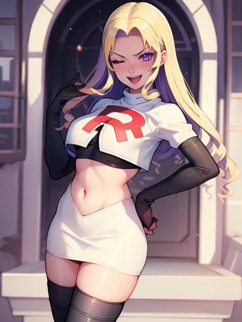 constance_timeskip, purple eyes glossy lips ,team rocket uniform, red letter R, white skirt,white crop top,black thigh-high boots, black elbow gloves, eyes closed ,smile ,evil laugh, looking at viewer, cowboy shot