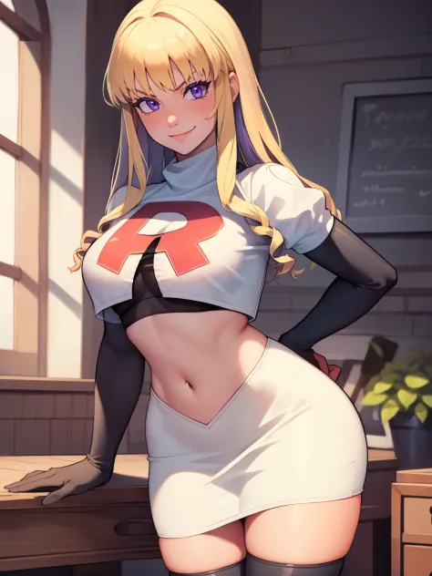 constance_academy, purple eyes glossy lips ,team rocket uniform, red letter R, white skirt,white crop top,black thigh-high boots, black elbow gloves, evil smile, looking at viewer, cowboy shot