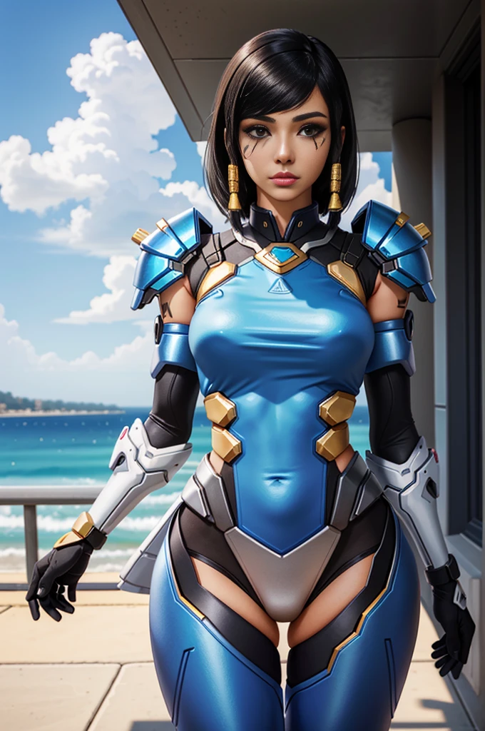 (tmasterpiece, Best quality at best:1.3)
overwatch法老之鹰,  1个Giant Breast Girl, Alone, looking at viewert, short detailed hair, By bangs, brunette color hair, Brown eyes, Keep your mouth shut, The upper part of the body, woven, daysies空, daysies, Dark skin, on cheongsam， Dark-skinned women, blue daysies空, cparted lips, slope, slope background, eyeslashes, Tattooed with, cosmetics, face markings, Capillaries, cparted lipstick, shoulder ，sportrait, no headwear, Gauze clothes， actual, nase, eyeline, shoulder pads, facial Tattooed with, side wovens, power ， Pink tights，eye of horus, pharah (overwatch)