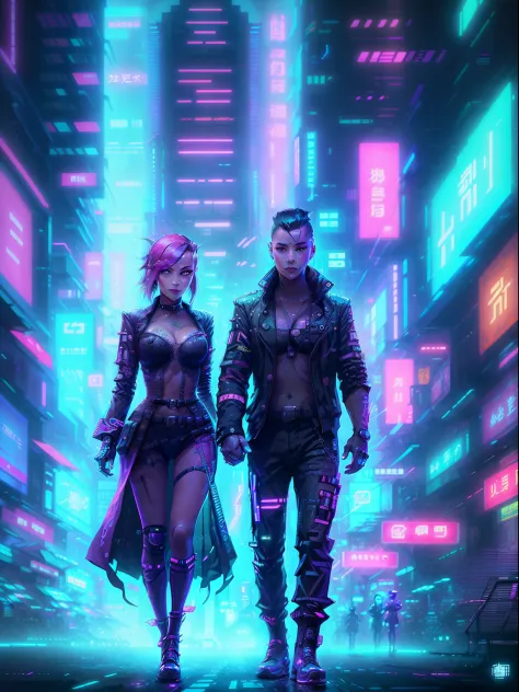 A couple of people standing in a street next to a building, Style artistique cyberpunk, Anime Cyberpunk Art, Anime cyberpunk mod...