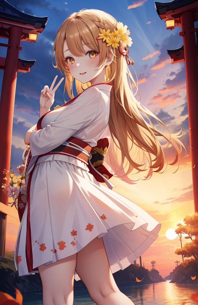 masutepiece, High quality, Best Quality, High resolution, 4K, High Definition, Beautiful lighting,Highly detailed face, well-drawn hands, well-drawn legs,well-drawn feet,well-drawn eyes,1girl in, iroha, Brown hair, The long-haired， hair tied back，flower hair ornament，yellow kimono，Furisode，long  skirt，Zouri，shrines，Sunrise， Smiling , red lines under eyes, Close both eyes, girl peace pose, girl peace sign, (((from the front side))) ,Medium breasts