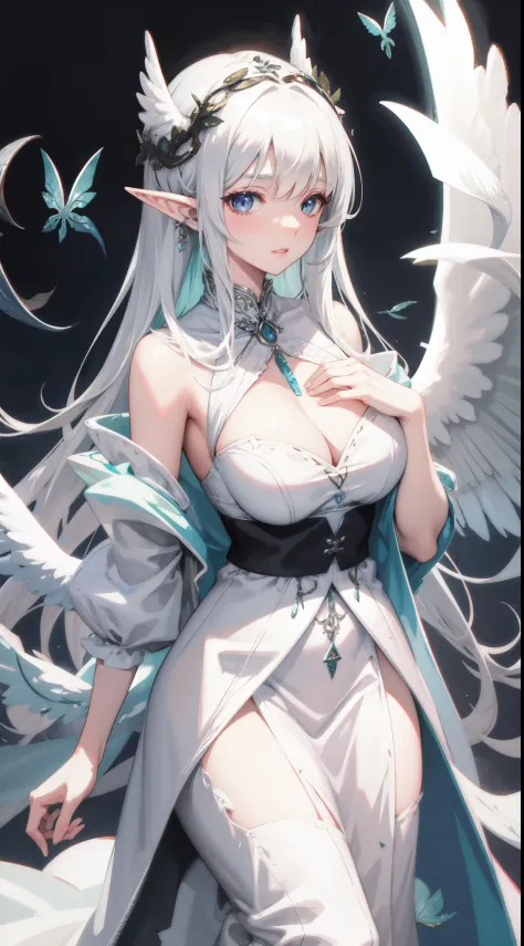 Rusticcore, contest winner, pixiv, Disgusting a white haired elf woman with wings and jewels on her head and chest, wearing a white dress with silver wings and a silver collar, (Charlie Bowater:0.158) , (Yoshitaka Amano:0.073) , (a character portrait:0.265...