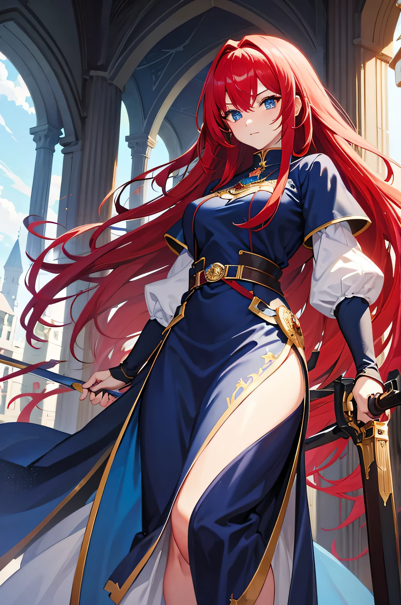 4K,hight resolution,One Woman,Bright red hair,Longhaire,Blue eyes,Knights,white holy armor,jewel decorations,Big sword,medieval town