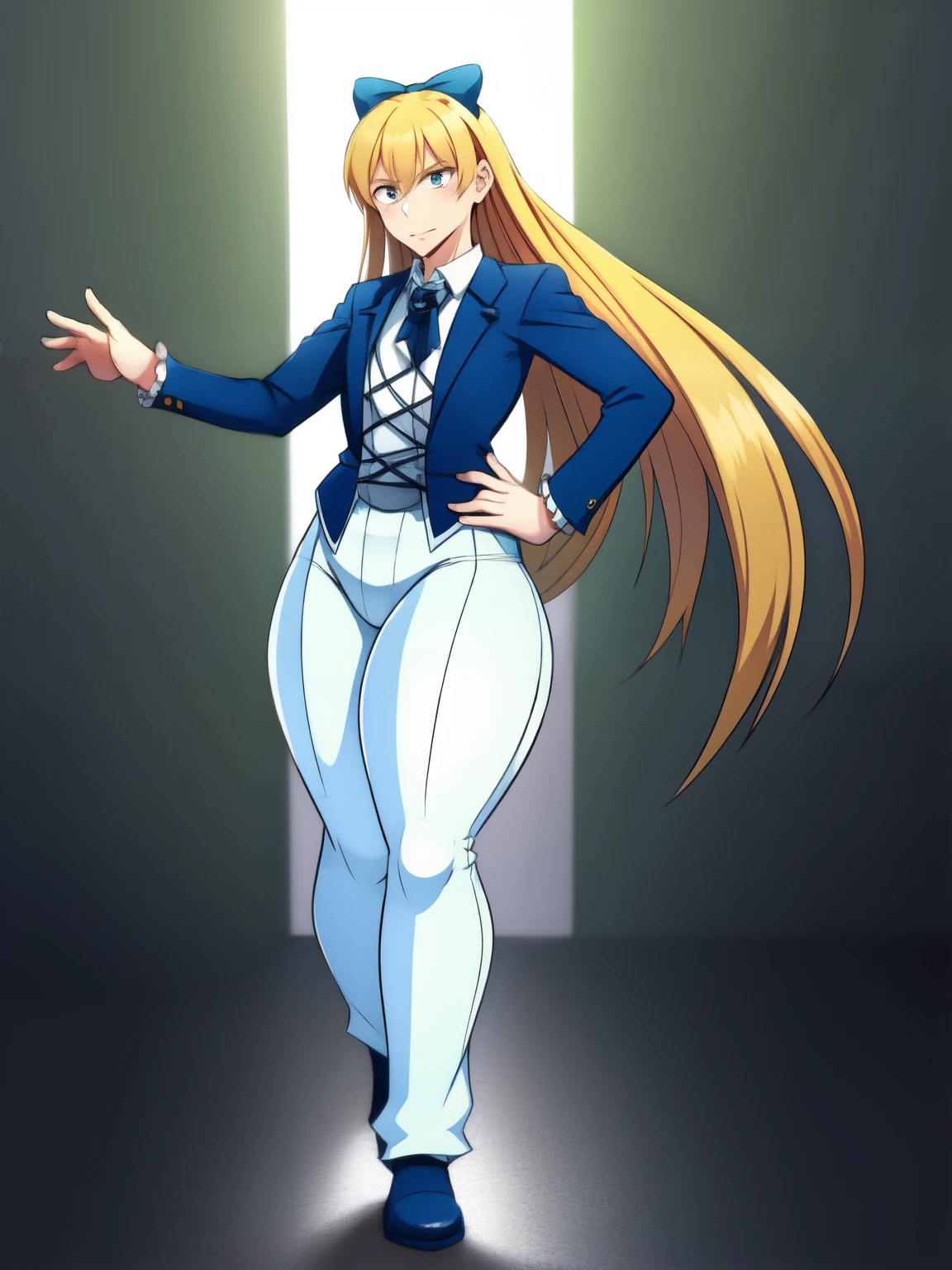 (hyper extreme detailed),(masterpeace),(hyper extreme), anatomically accurate,CG,llustration,novel illustration,  Princess_Cologne as A Bishounen, ((Male body:1.3)), Bishounen, Handsome, Formal blue suit, ((White pants:1.7)), blue bows, Frills, SFW:1.2, Bottom heavy:1.8, ((Thick thighs)), ((Wide Hips)),Long blonde hair