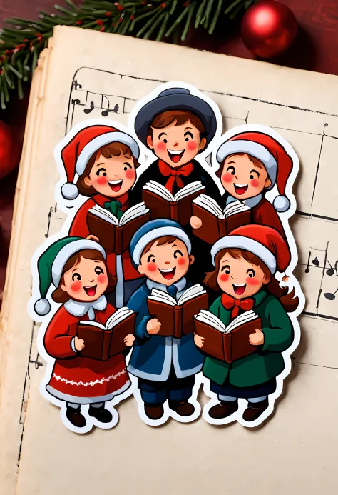 (Top-down view of a sticker). | Masterpiece in maximum 16K resolution. | Cheerful singing carolers wearing cozy attire and holding songbooks. | Their faces are filled with joy and warmth. | On a table with holly and pine boughs. | More_Detail