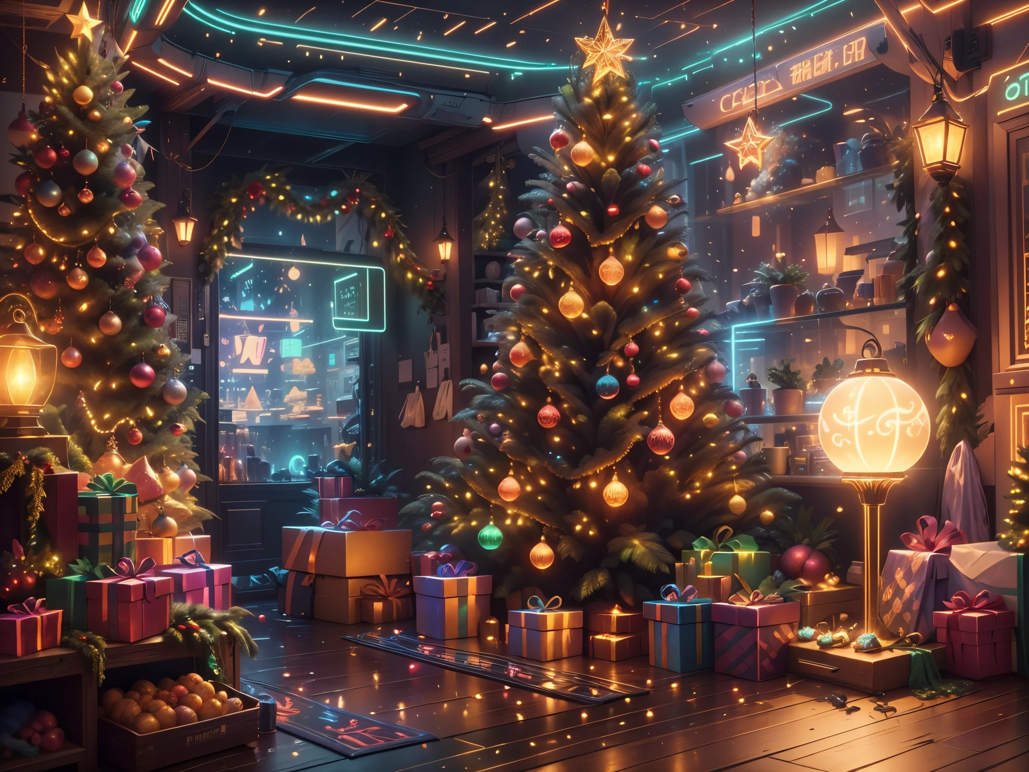 （Future science fiction，Cyberpunk style Christmas room:1.5），(以未来派赛博朋克圣诞元素Decorative style)，(霓虹lamplight)，mechanical fireplace、Lanterns hanging on mechanical stairs、Colorful gifts wrapped under futuristic Christmas tree、Mechanical floor piled with gifts、Decorative style的松树、Metallic floor、Christmas atmosphere、传统的Christmas atmosphere、Merry Christmas、gift tags、Christmas wreath、Decorative style、metal ribbon、Christmas tree lights、Candy and Snacks，Gingerbread Man，lamplight，Futuristic Christmas decoration，(Sci-fi stylish neon light sci-fi furniture)，Panoramic view of the city outside the window，nighttime scene，The room is full of joy and surprises，Christmas room with glowing decorations，artificial snow，Full of festive atmosphere，Glowing lamp，Nice decorations，（mechanical texture wall），（A seamless blend of futuristic and traditional Christmas elements，Seamless blend of old and new），No Man，filigree的细节，elegant and charming，highly  detailed，unreal-engine，rendering by octane，CGI，naturey，Pubic area is clear，filigree，smoothness，柔和的lamplight，(concept-art，hyper HD，art station antasyart，epic look at your scene，Intricate patterns，Complicated details，超filigree的绘画，physically-based renderingt，Extremely detailed description，professional，hyper realisitc，beyond human imagination，壮观的lamplight，Art station popular，unreal-engine，Global，Best quality，8K，A high resolution，tmasterpiece，ultra - detailed，realistically，1.4x more realism）, Neonpunkai