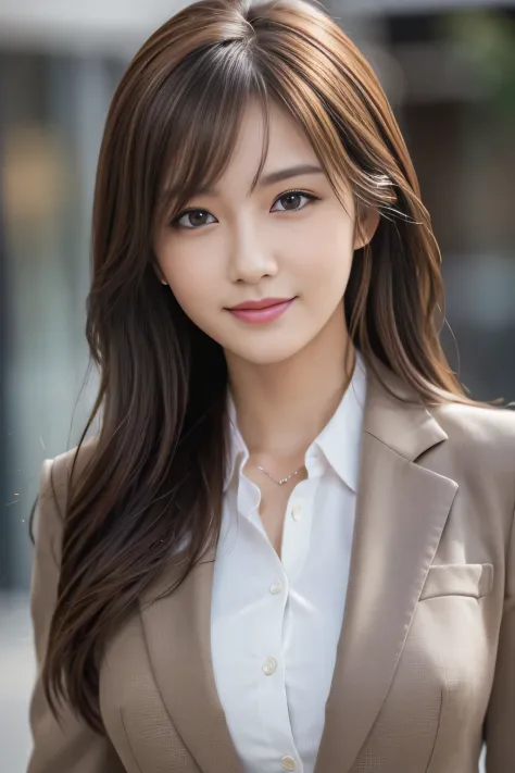 masutepiece, Best Quality, Photorealistic, Ultra-detailed, finely detail, High resolution, 8K Wallpaper, 1 beautiful woman,, light brown messy hair, in a business suit, foco nítido, Perfect dynamic composition, Beautiful detailed eyes, detailed hairs, Deta...