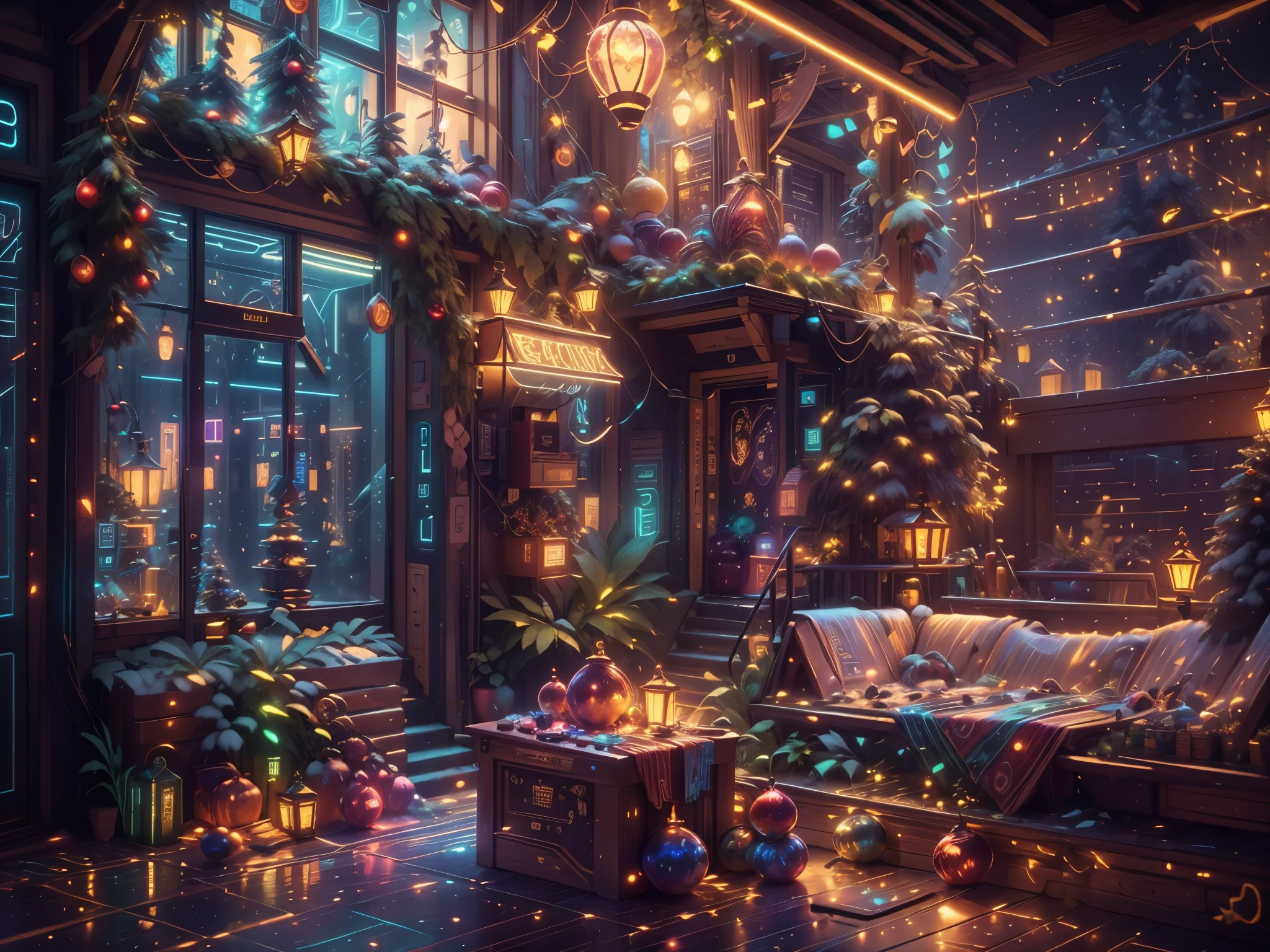 （Future science fiction，Cyberpunk style Christmas room:1.5），(以未来派赛博朋克圣诞元素Decorative style)，(霓虹lamplight)，mechanical fireplace、Lanterns hanging on mechanical stairs、Colorful gifts wrapped under futuristic Christmas tree、Mechanical floor piled with gifts、Decorative style的松树、Metallic floor、Christmas atmosphere、传统的Christmas atmosphere、Merry Christmas、gift tags、Christmas wreath、Decorative style、metal ribbon、Christmas tree lights、Candy and Snacks，Gingerbread Man，lamplight，Futuristic Christmas decoration，(Sci-fi stylish neon light sci-fi furniture)，Panoramic view of the city outside the window，nighttime scene，The room is full of joy and surprises，Christmas room with glowing decorations，artificial snow，Full of festive atmosphere，Glowing lamp，Nice decorations，（mechanical texture wall），（A seamless blend of futuristic and traditional Christmas elements，Seamless blend of old and new），No Man，filigree的细节，elegant and charming，highly  detailed，unreal-engine，rendering by octane，CGI，naturey，Pubic area is clear，filigree，smoothness，柔和的lamplight，(concept-art，hyper HD，art station antasyart，epic look at your scene，Intricate patterns，Complicated details，超filigree的绘画，physically-based renderingt，Extremely detailed description，professional，hyper realisitc，beyond human imagination，壮观的lamplight，Art station popular，unreal-engine，Global，Best quality，8K，A high resolution，tmasterpiece，ultra - detailed，realistically，1.4x more realism）, Neonpunkai