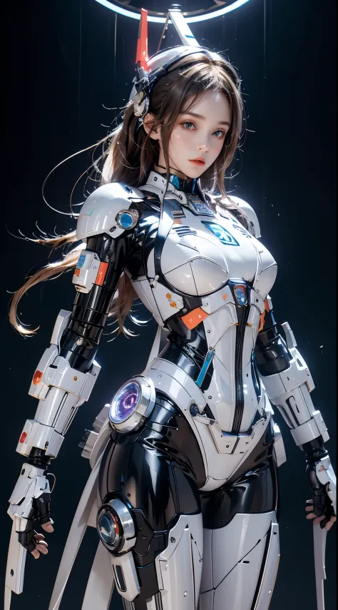 realisticlying, A high resolution, a 1 womone, hip-up, droid, Mecha Maiden,mechanicalparts, droid joints,single mechanical arm, Hats, Mechanical Aura,star halo,Complex mechanical body suit, mecha corset, Full A, White mecha body