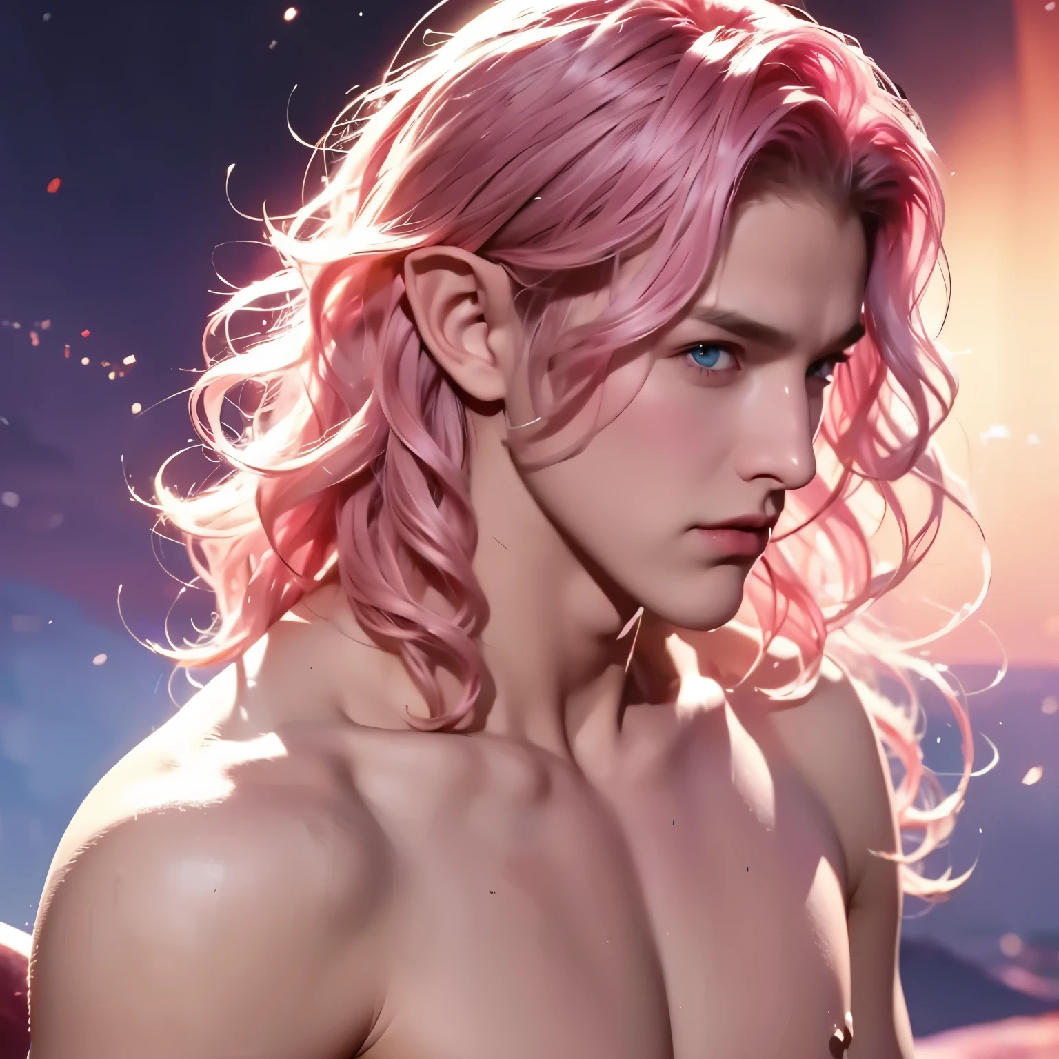 hombre, joven, chico, pelo corto ondulado, Cabello rosado, blue eyes, duende, sin camisa, fondo medieval