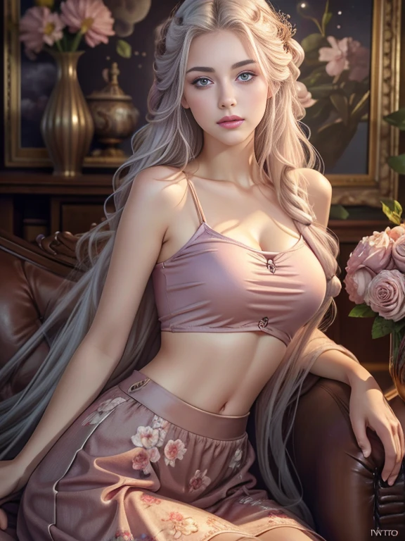 (best quality,4k,8k,highres,masterpiece:1.2),ultra-detailed,(realistic,photorealistic,photo-realistic:1.37),oil painting,beautiful detailed eyes,beautiful detailed lips,long eyelashes,purple eyes,girl with long white hair,blushing,wearing a cropped top and a skirt,night scene,moonlight,flowers,shining eyes,sunlight
