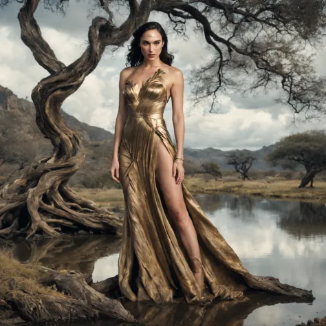 1 girl "Gal Gadot com vestido preto com dourado", ((Encantadora)) pond setup, garota em um joelho sereno, longe do espectador ((...