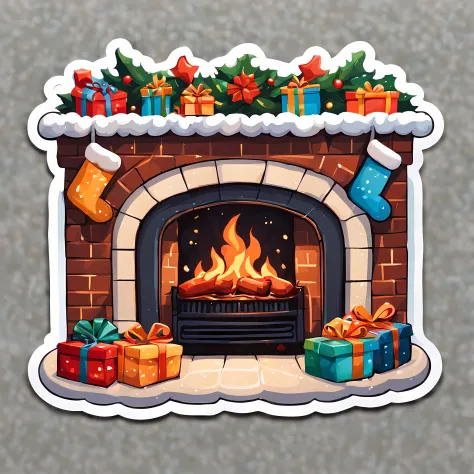 (Top-down view of a sticker). | Masterpiece in maximum 16K resolution. | A sticker of a cozy fireplace with stockings and presents. | On a delicately decorated table. | More_Detai