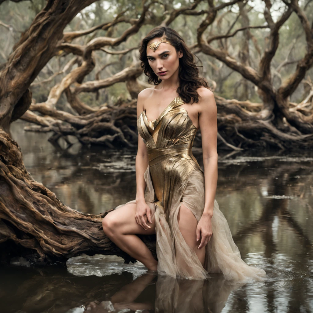 1 girl "Gal Gadot com vestido preto com dourado", ((Encantadora)) pond setup, garota em um joelho sereno, longe do espectador ((dynamic cloud landscape)), ((gnarled and twisted tree trunk)), ((soft natural lighting)), arte digital, ((Paleta de cores vivas)), melhor qualidade