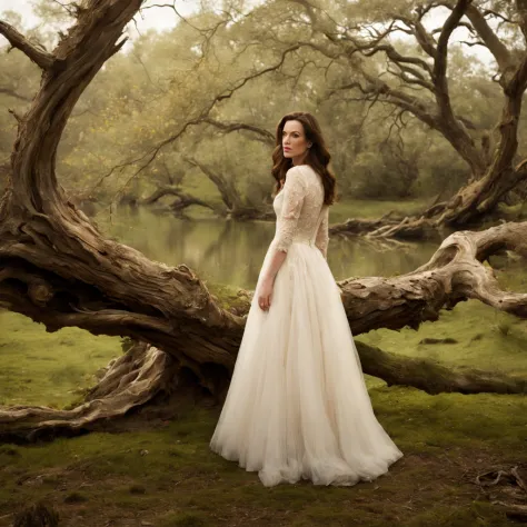 1 girl "liv tyler com vestido branco celestial", ((encantadora)) pond setup, garota em um joelho sereno, longe do espectador ((d...