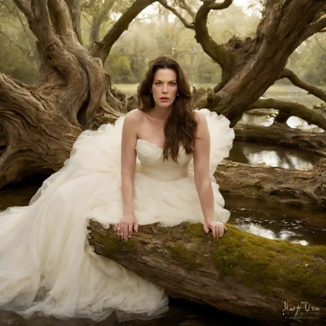 1 girl "liv tyler com vestido branco celestial", ((encantadora)) pond setup, garota em um joelho sereno, longe do espectador ((d...