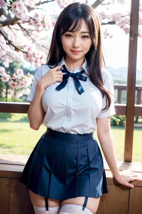 ((Best quality, 8k, Masterpiece :1.3)),
Japanese hot milf, 
Ultra-detailed face, Detailed eyes, Double eyelid,
smiling, a coquettish look,
long hair,
wearing a Japanese high school uniform, navy skirt and garter belt, 
mountain view, cherry blossom,