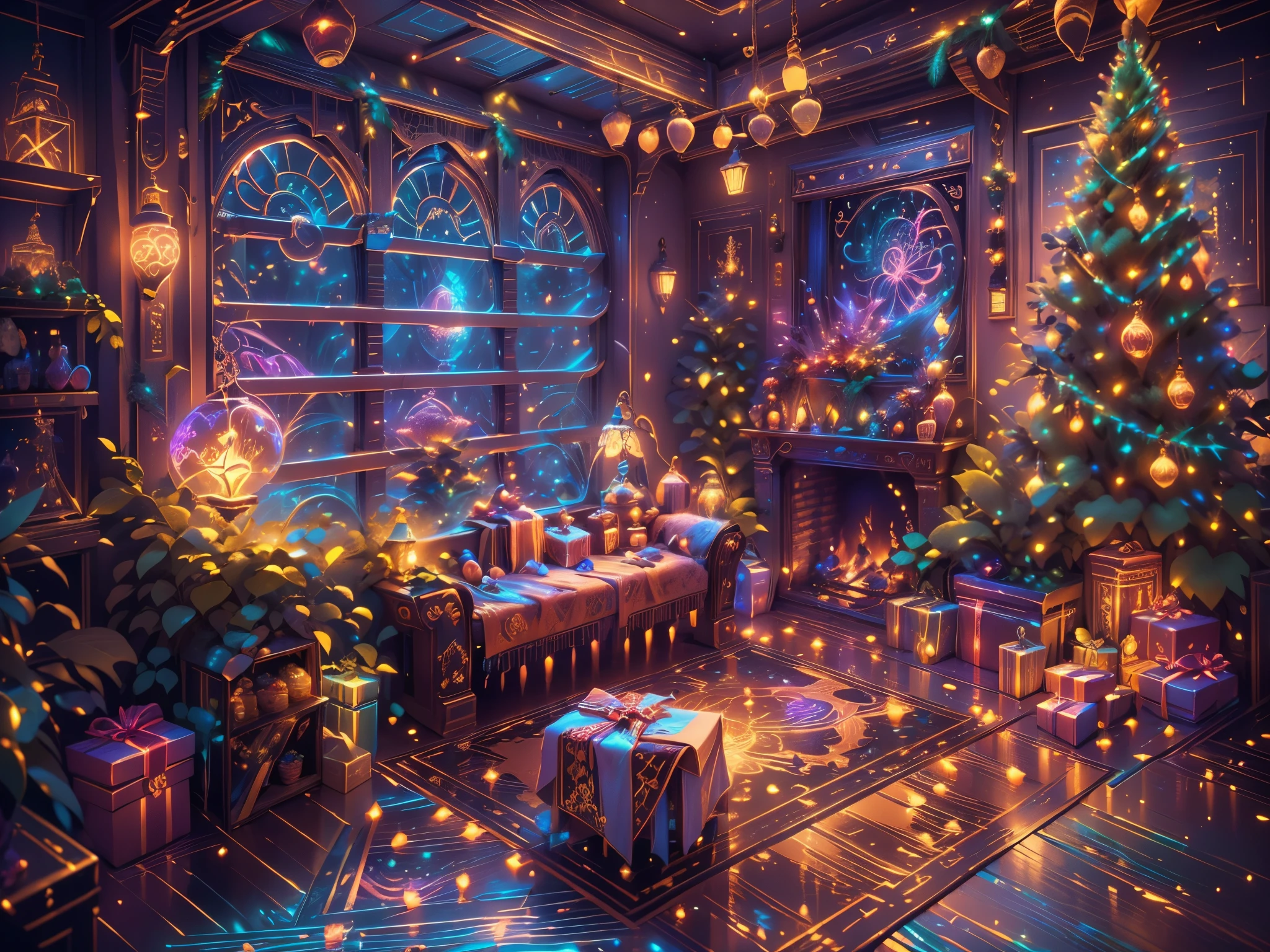 （Future science fiction，Cyberpunk style Christmas room:1.5），(Decorative style with futuristic cyberpunk Christmas elements)，(neon lamplight)，mechanical fireplace、Lanterns hanging on mechanical stairs、Colorful gifts wrapped under futuristic Christmas tree、Mechanical floor piled with gifts、Decorative style pine tree、Metallic floor、Christmas atmosphere、Traditional Christmas atmosphere、Merry Christmas、gift tags、Christmas wreath、Decorative style、metal ribbon、Christmas tree lights、Candy and Snacks，Gingerbread Man，lamplight，Futuristic Christmas decoration，(Sci-fi stylish neon light sci-fi furniture)，Panoramic view of the city outside the window，nighttime scene，The room is full of joy and surprises，Christmas room with glowing decorations，artificial snow，Full of festive atmosphere，Glowing lamp，Nice decorationechanical texture wall），（A seamless blend of futuristic and traditional Christmas elements，Seamless blend of old and new），No Man，Details of filigree，elegant and charming，highly  detailed，unreal-engine，rendering by octane，CGI，naturey，Pubic area is clealigree，smoothness，soft lamplight，(concept-art，hyper HD，art station antasyart，epic look at your scene，Intricate patterns，Complicated details，Super filigree，physically-based renderingt，Extremely detailed description，professional，hyper realisitc，beyond human imagination，spectacular lamplight，Art station popular，unreal-engine，Global，Best quality，8k，A high resolution，tmasterpiece，ultra - detailed，realistically，1.4x more realism）, Neonpunkai