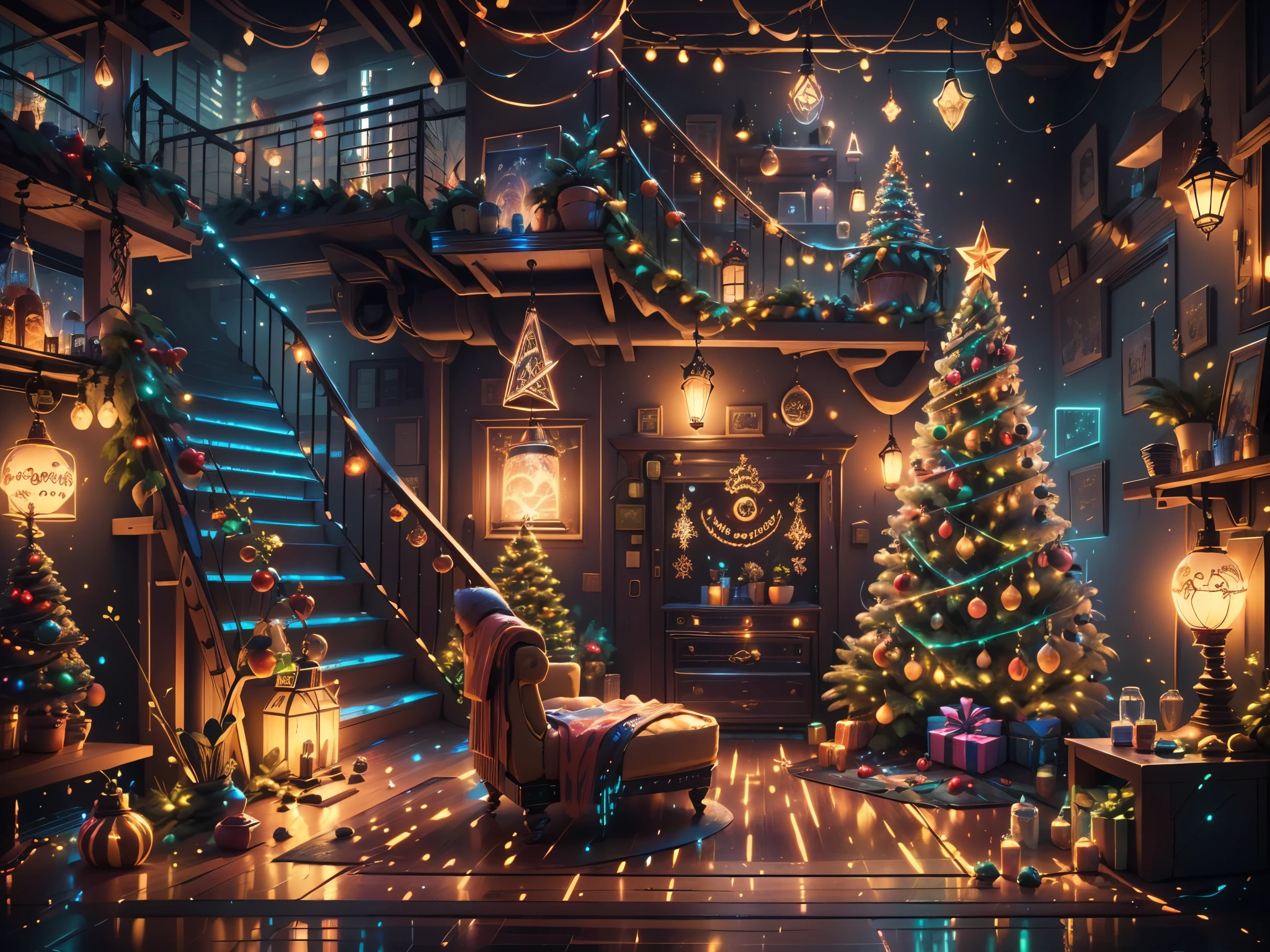 （Future science fiction，Cyberpunk style Christmas room:1.5），(Decorative style with futuristic cyberpunk Christmas elements)，(neon lamplight)，mechanical fireplace、Lanterns hanging on mechanical stairs、Colorful gifts wrapped under futuristic Christmas tree、Mechanical floor piled with gifts、Decorative style pine tree、Metallic floor、Christmas atmosphere、Traditional Christmas atmosphere、Merry Christmas、gift tags、Christmas wreath、Decorative style、metal ribbon、Christmas tree lights、Candy and Snacks，Gingerbread Man，lamplight，Futuristic Christmas decoration，(Sci-fi stylish neon light sci-fi furniture)，Panoramic view of the city outside the window，nighttime scene，The room is full of joy and surprises，Christmas room with glowing decorations，artificial snow，Full of festive atmosphere，Glowing lamp，Nice decorationechanical texture wall），（A seamless blend of futuristic and traditional Christmas elements，Seamless blend of old and new），No Man，Details of filigree，elegant and charming，highly  detailed，unreal-engine，rendering by octane，CGI，naturey，Pubic area is clealigree，smoothness，soft lamplight，(concept-art，hyper HD，art station antasyart，epic look at your scene，Intricate patterns，Complicated details，Super filigree，physically-based renderingt，Extremely detailed description，professional，hyper realisitc，beyond human imagination，spectacular lamplight，Art station popular，unreal-engine，Global，Best quality，8k，A high resolution，tmasterpiece，ultra - detailed，realistically，1.4x more realism）, Neonpunkai