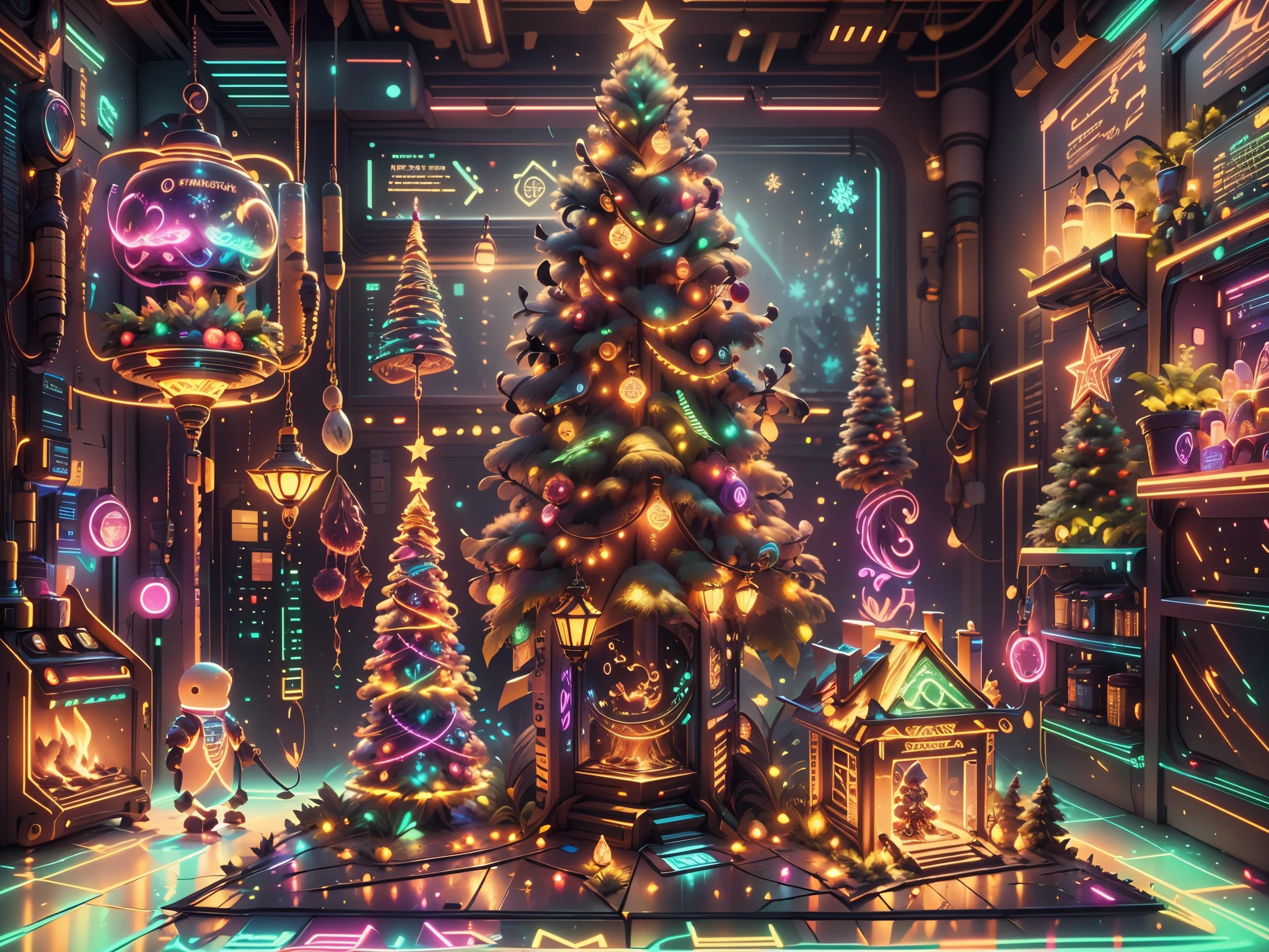 （未来科幻，赛博朋克风格的圣诞房间:1.5），(以未来派赛博朋克圣诞元素装饰风格)，(霓虹灯光)，机械壁炉、悬挂在机械楼梯上的灯笼、未来派圣诞树下包裹着五彩缤纷的礼物、堆满礼物的机械地板、装饰风格的松树、金属地板、圣诞气氛、传统的圣诞气氛、圣诞节快乐、礼品标签、圣诞花环、装饰风格、金属带、圣诞树灯、糖果和零食，姜饼人，灯光，未来派圣诞装饰，(科幻时尚霓虹灯科幻家具)，窗外的城市全景，夜景，房间里充满了欢乐和惊喜，圣诞房间装饰着闪亮的装饰，人工造雪，充满节日气氛，发光灯，漂亮的装饰机械纹理墙），（未来主义与传统圣诞元素的无缝融合，新旧无缝融合），无人，filigree的细节，优雅迷人，非常详细，虚幻引擎，辛烷值渲染，程序网关，自然的，阴部清洁，平滑度，柔和的灯光，(概念艺术，超高清，艺术站 antasyart，史诗般地看看你的场景，复杂的图案，复杂的细节，超filigree的，基于物理的渲染，非常详细的描述，专业的，超现实主义，超越人类的想象，壮观的灯光，艺术站人气爆棚，虚幻引擎，全球的，最好的质量，8千，高分辨率，杰作，极其详细，现实地，1.4 倍真实感）, 霓虹朋凯
