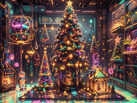 （Future science fiction，Cyberpunk style Christmas room:1.5），(以未来派赛博朋克圣诞元素Decorative style)，(霓虹lamplight)，mechanical fireplace、La...