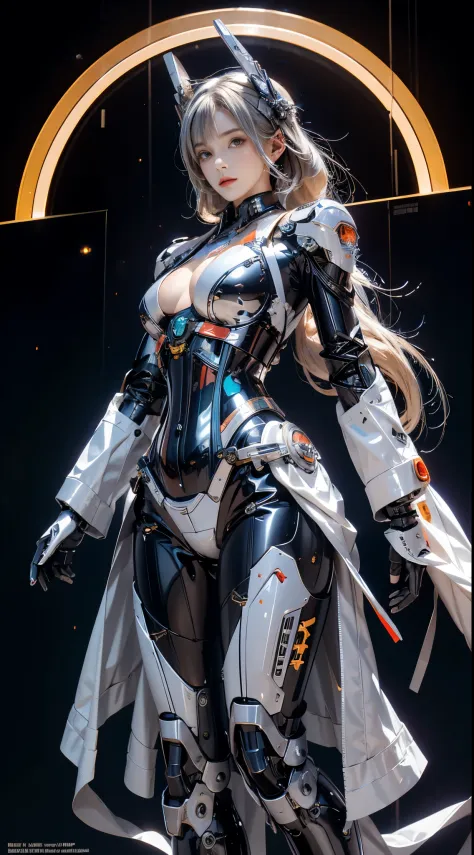 realisticlying, A high resolution, a 1 womone, hip-up, droid, Mecha Maiden,mechanicalparts, droid joints,single mechanical arm, Hats, Mechanical Aura,star halo,Complex mechanical body suit, mecha corset, Full A, White mecha body