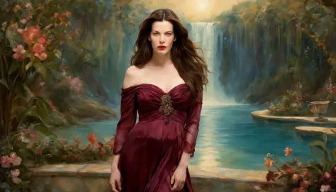 1 girl "liv tyler com vestido vinho longo", pintura: uma encantadora obra de arte representando uma garota vestindo seda, by a m...