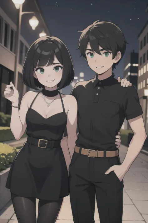couple, 1 boy, 1 girl, a boy and a girl, standing together looking at you, both black hairs, both longer bodies, and both green eyes. The boy with medium hair, pointy black hair, in a white long collar shirt, a belt, black pants, being handsome, and smilin...