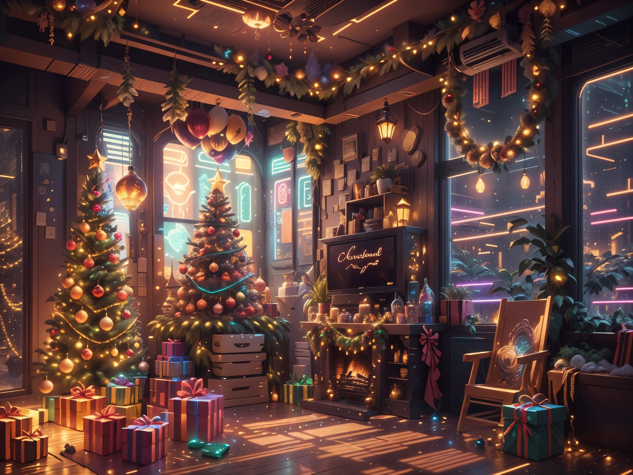 （Future science fiction，Cyberpunk style Christmas room:1.5），(以未来派赛博朋克圣诞元素Decorative style)，(霓虹lamplight)，mechanical fireplace、Lanterns hanging on mechanical stairs、Colorful gifts wrapped under futuristic Christmas tree、Mechanical floor piled with gifts、Decorative style的松树、Metallic floor、Christmas atmosphere、传统的Christmas atmosphere、Merry Christmas、gift tags、Christmas wreath、Decorative style、metal ribbon、Christmas tree lights、Candy and Snacks，Gingerbread Man，lamplight，Futuristic Christmas decoration，(Sci-fi stylish neon light sci-fi furniture)，Panoramic view of the city outside the window，nighttime scene，The room is full of joy and surprises，Christmas room with glowing decorations，artificial snow，Full of festive atmosphere，Glowing lamp，Nice decorations，（mechanical texture wall），（A seamless blend of futuristic and traditional Christmas elements，Seamless blend of old and new），No Man，filigree的细节，elegant and charming，highly  detailed，unreal-engine，rendering by octane，CGI，naturey，Pubic area is clear，filigree，smoothness，柔和的lamplight，(concept-art，hyper HD，art station antasyart，epic look at your scene，Intricate patterns，Complicated details，超filigree的绘画，physically-based renderingt，Extremely detailed description，professional，hyper realisitc，beyond human imagination，壮观的lamplight，Art station popular，unreal-engine，Global，Best quality，8K，A high resolution，tmasterpiece，ultra - detailed，realistically，1.4x more realism）, Neonpunkai