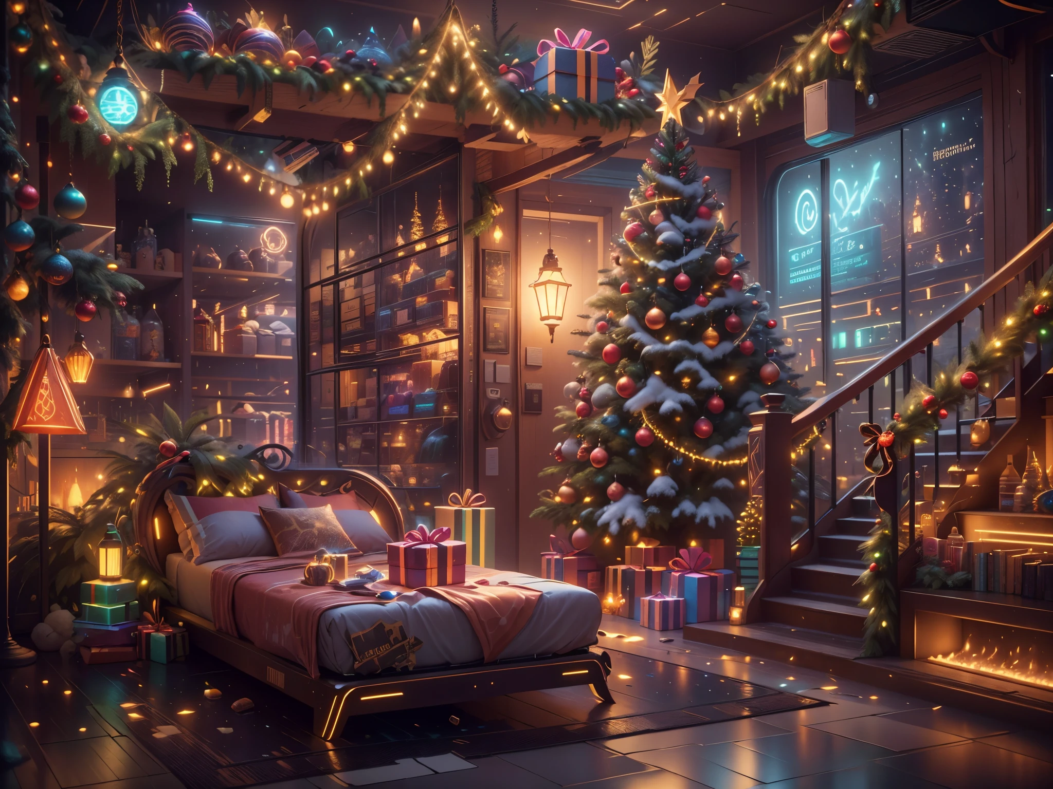 （Future science fiction，Cyberpunk style Christmas room:1.5），(以未来派赛博朋克圣诞元素Decorative style)，(霓虹lamplight)，mechanical fireplace、Lanterns hanging on mechanical stairs、Colorful gifts wrapped under futuristic Christmas tree、Mechanical floor piled with gifts、Decorative style的松树、Metallic floor、Christmas atmosphere、传统的Christmas atmosphere、Merry Christmas、gift tags、Christmas wreath、Decorative style、metal ribbon、Christmas tree lights、Candy and Snacks，Gingerbread Man，lamplight，Futuristic Christmas decoration，(Sci-fi stylish neon light sci-fi furniture)，Panoramic view of the city outside the window，nighttime scene，The room is full of joy and surprises，Christmas room with glowing decorations，artificial snow，Full of festive atmosphere，Glowing lamp，Nice decorations，（mechanical texture wall），（A seamless blend of futuristic and traditional Christmas elements，Seamless blend of old and new），No Man，filigree的细节，elegant and charming，highly  detailed，unreal-engine，rendering by octane，CGI，naturey，Pubic area is clear，filigree，smoothness，柔和的lamplight，(concept-art，hyper HD，art station antasyart，epic look at your scene，Intricate patterns，Complicated details，超filigree的绘画，physically-based renderingt，Extremely detailed description，professional，hyper realisitc，beyond human imagination，壮观的lamplight，Art station popular，unreal-engine，Global，Best quality，8K，A high resolution，tmasterpiece，ultra - detailed，realistically，1.4x more realism）, Neonpunkai