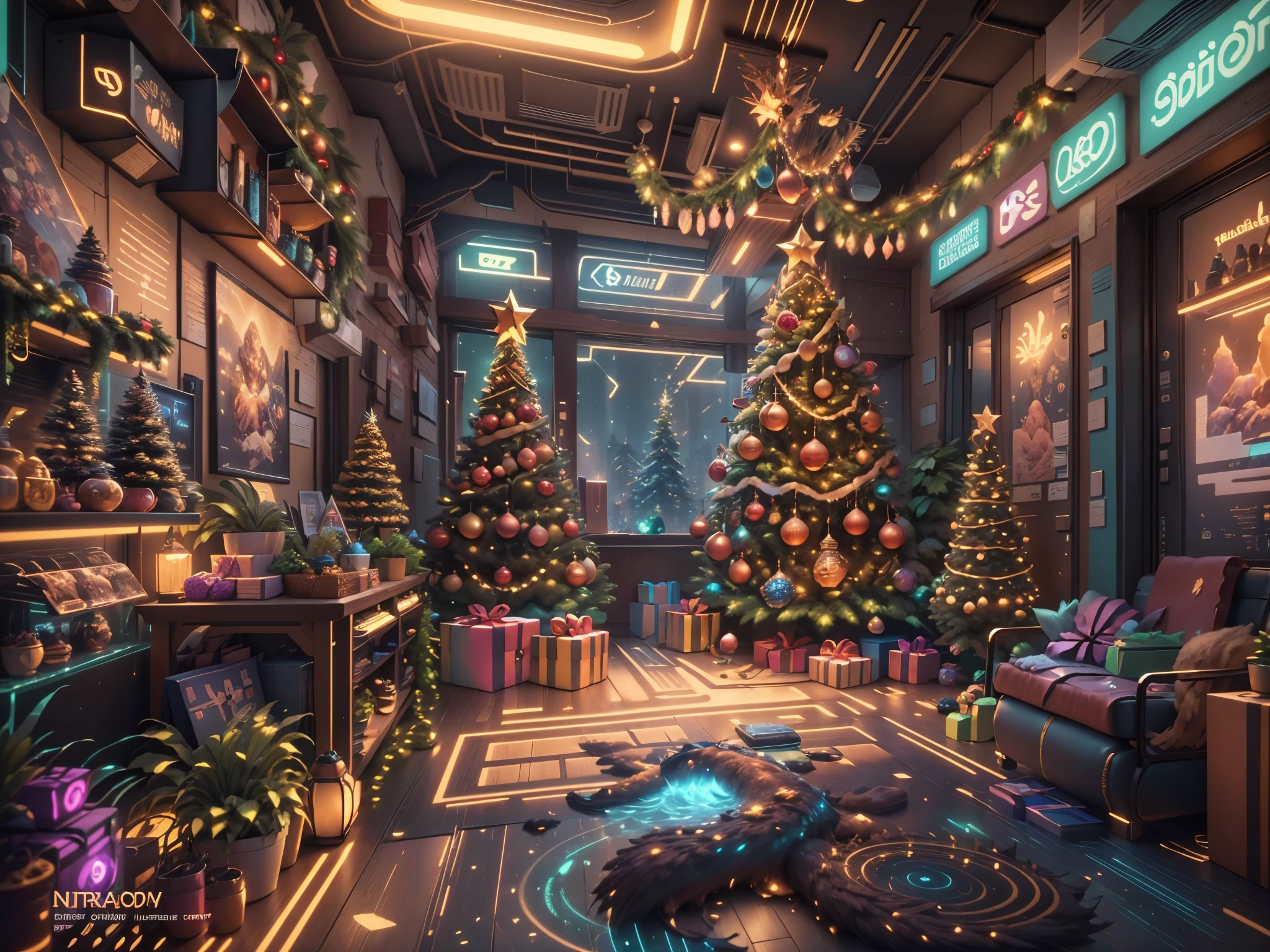 （Future science fiction，Cyberpunk style Christmas room:1.5），(以未来派赛博朋克圣诞元素Decorative style)，(霓虹lamplight)，mechanical fireplace、Lanterns hanging on mechanical stairs、Colorful gifts wrapped under futuristic Christmas tree、Mechanical floor piled with gifts、Decorative style的松树、Metallic floor、Christmas atmosphere、传统的Christmas atmosphere、Merry Christmas、gift tags、Christmas wreath、Decorative style、metal ribbon、Christmas tree lights、Candy and Snacks，Gingerbread Man，lamplight，Futuristic Christmas decoration，(Sci-fi stylish neon light sci-fi furniture)，Panoramic view of the city outside the window，nighttime scene，The room is full of joy and surprises，Christmas room with glowing decorations，artificial snow，Full of festive atmosphere，Glowing lamp，Nice decorations，（mechanical texture wall），（A seamless blend of futuristic and traditional Christmas elements，Seamless blend of old and new），No Man，filigree的细节，elegant and charming，highly  detailed，unreal-engine，rendering by octane，CGI，naturey，Pubic area is clear，filigree，smoothness，柔和的lamplight，(concept-art，hyper HD，art station antasyart，epic look at your scene，Intricate patterns，Complicated details，超filigree的绘画，physically-based renderingt，Extremely detailed description，professional，hyper realisitc，beyond human imagination，壮观的lamplight，Art station popular，unreal-engine，Global，Best quality，8K，A high resolution，tmasterpiece，ultra - detailed，realistically，1.4x more realism）, Neonpunkai