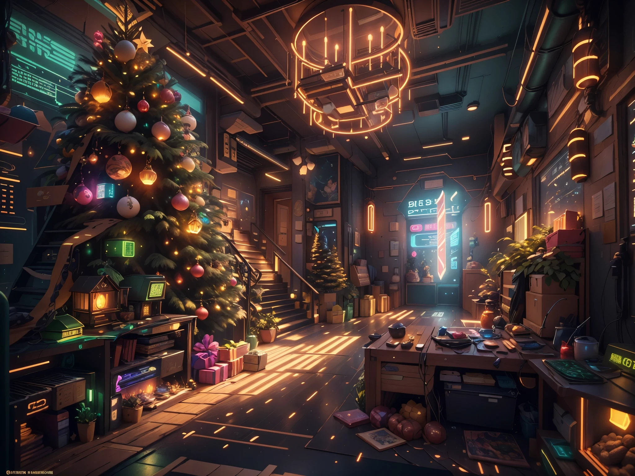 （Future science fiction，Cyberpunk style Christmas room:1.5），(以未来派赛博朋克圣诞元素Decorative style)，(霓虹lamplight)，mechanical fireplace、Lanterns hanging on mechanical stairs、Colorful gifts wrapped under futuristic Christmas tree、Mechanical floor piled with gifts、Decorative style的松树、Metallic floor、Christmas atmosphere、传统的Christmas atmosphere、Merry Christmas、gift tags、Christmas wreath、Decorative style、metal ribbon、Christmas tree lights、Candy and Snacks，Gingerbread Man，lamplight，Futuristic Christmas decoration，(Sci-fi stylish neon light sci-fi furniture)，Panoramic view of the city outside the window，nighttime scene，The room is full of joy and surprises，Christmas room with glowing decorations，artificial snow，Full of festive atmosphere，Glowing lamp，Nice decorations，（mechanical texture wall），（A seamless blend of futuristic and traditional Christmas elements，Seamless blend of old and new），No Man，filigree的细节，elegant and charming，highly  detailed，unreal-engine，rendering by octane，CGI，naturey，Pubic area is clear，filigree，smoothness，柔和的lamplight，(concept-art，hyper HD，art station antasyart，epic look at your scene，Intricate patterns，Complicated details，超filigree的绘画，physically-based renderingt，Extremely detailed description，professional，hyper realisitc，beyond human imagination，壮观的lamplight，Art station popular，unreal-engine，Global，Best quality，8K，A high resolution，tmasterpiece，ultra - detailed，realistically，1.4x more realism）, Neonpunkai