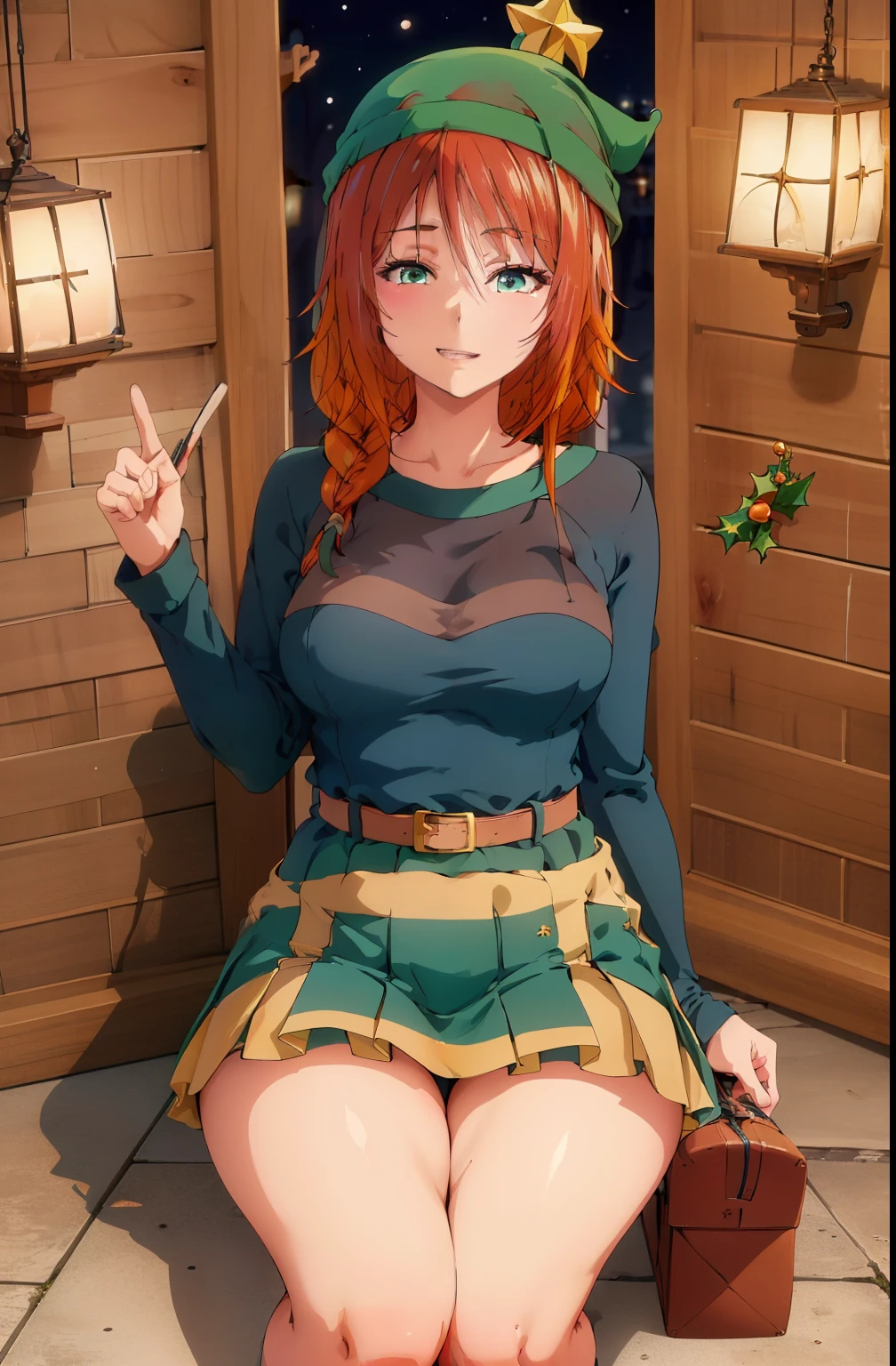 Anime girl with red hair and green hat sitting on a bench - SeaArt AI