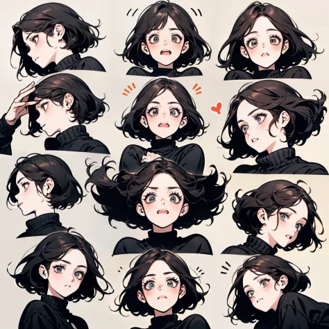 Cute Mikasa ackerman，white girl, emoji pack，（cat ear），(9 emojis，emoji sheet，Align arrangement)，9 poses and expressions（Grieving，astonishment，having fun，excitement，big laughter，doubt，Angry，Touch your head，Sell moe, wait），Anthropomorphic style，Disney style，B...