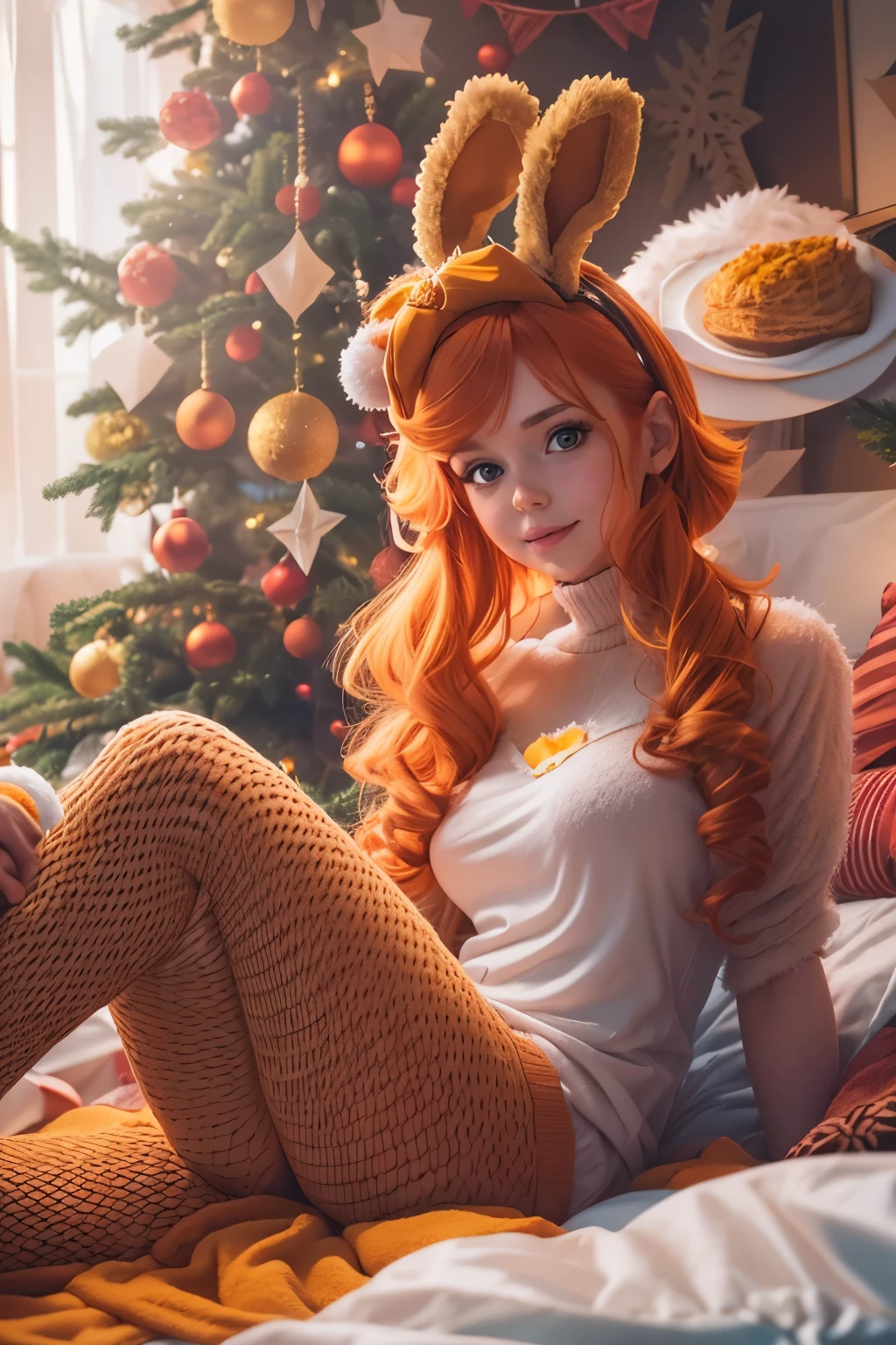 Araffe girl in bunny ears sitting on a bed with a christmas tree in the  background - SeaArt AI