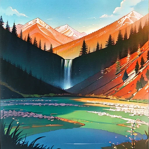 A colorful waterfall in the mountains with rainbows