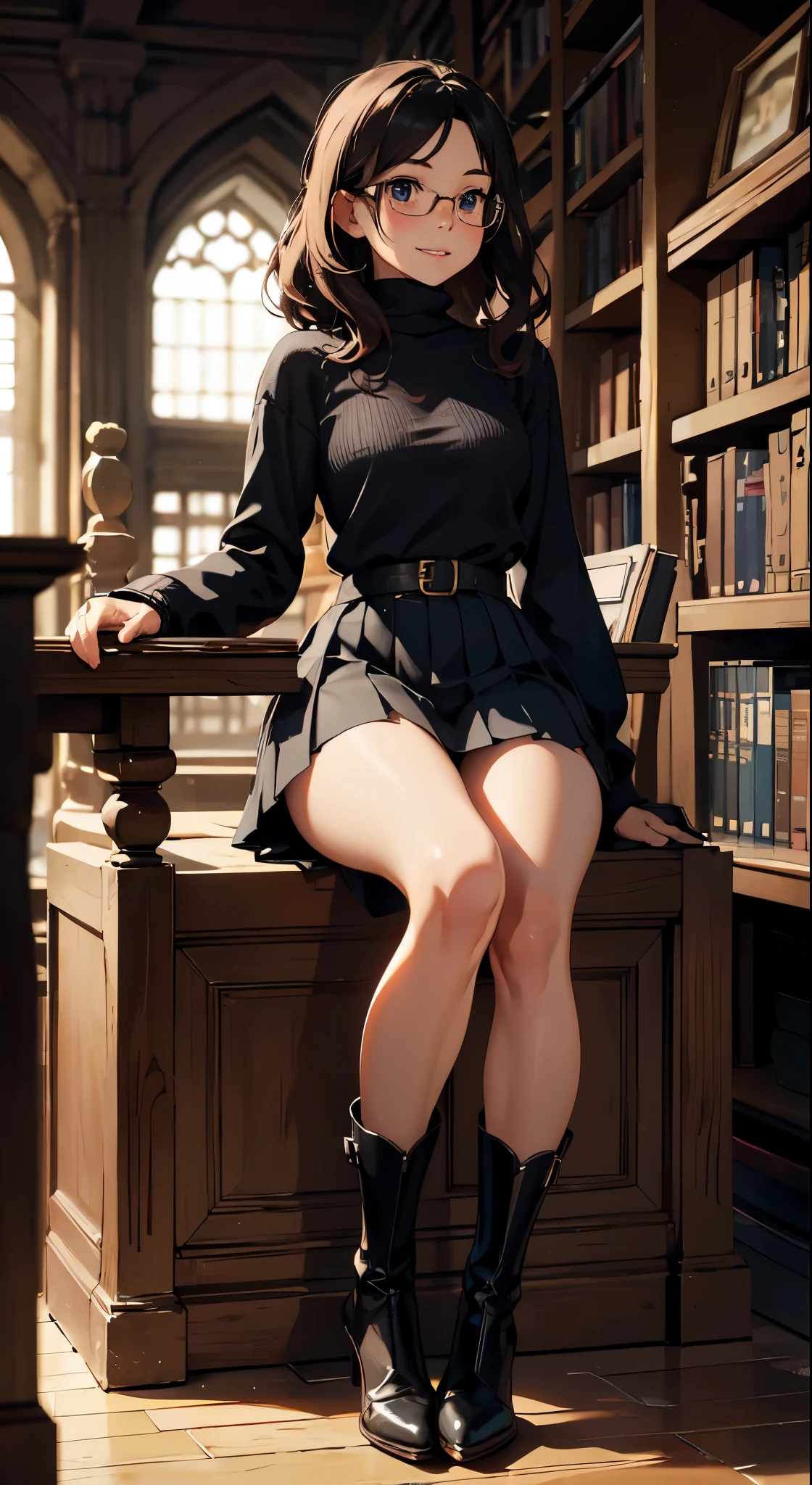 thick chunky turtleneck sweater with thick collar, thin glasses, pleated skirt, thighboots, gloves, glossy lips, dynamic scene, 12 years old girl in a medieval library, medium breasts, mischevious smile, long black messy hair. (Masterpiece, Excellent, complex details, color difference), realism, (((looking away))), perfect face, delicate young girl, full body shot, between legs