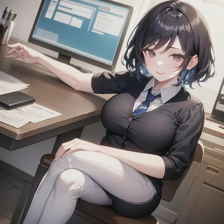 masterpiece, best quality, 1girl, solo, mature female, milf, motherly, tomboy, straight hair, short hair, dark hair, dark eyes, (collared shirt, white shirt, necktie, black tie, black pants), office, d:, sitting, looking at viewer, seductive smile