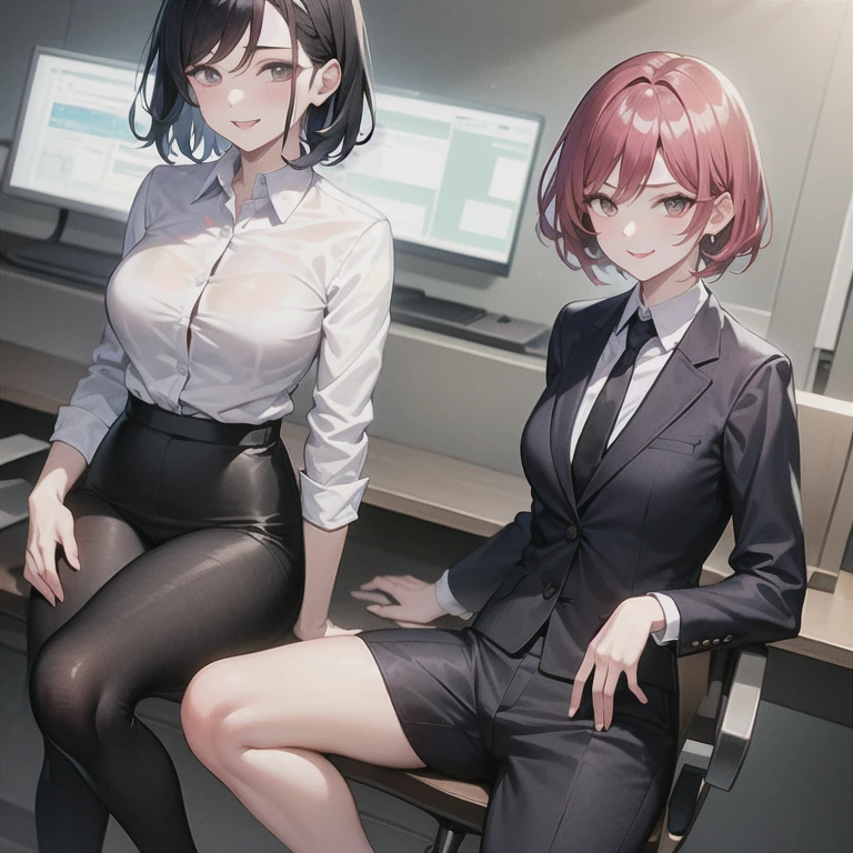 masterpiece, best quality, 1girl, solo, mature female, milf, motherly, tomboy, straight hair, short hair, dark hair, dark eyes, (collared shirt, white shirt, necktie, black tie, black pants), office, d:, sitting, looking at viewer, seductive smile