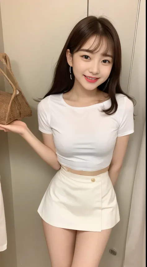 White tight shirt、White tight mini skirt、a bed、a smile、shortsleeves ...