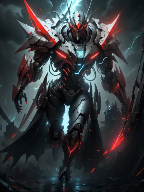 A ghost hunter in red armor, super cool ghost killer, wearing red mechanical armor, red claws, perfect body proportions, play lightning, super detail, realistic, shiny, reflective, bioluminescence, galactic cybernetic mask, mecha, (executioner: 1.2), cape,...