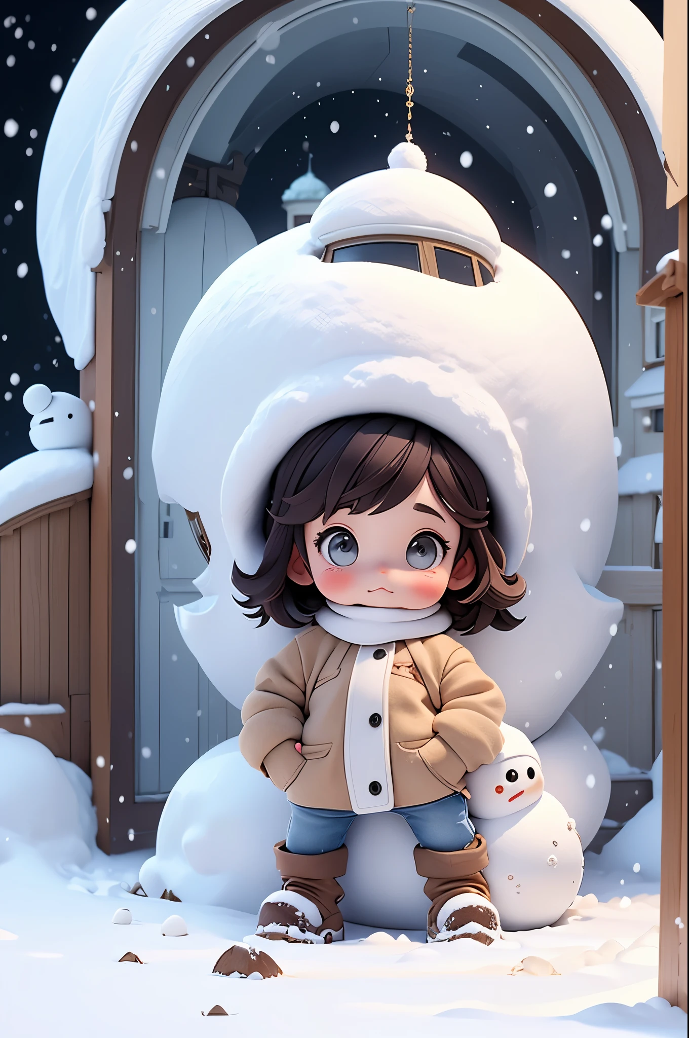 ((A girl doing bending exercises in front of a snow-covered dome house))、Snowman on background、Stronger bokeh effect